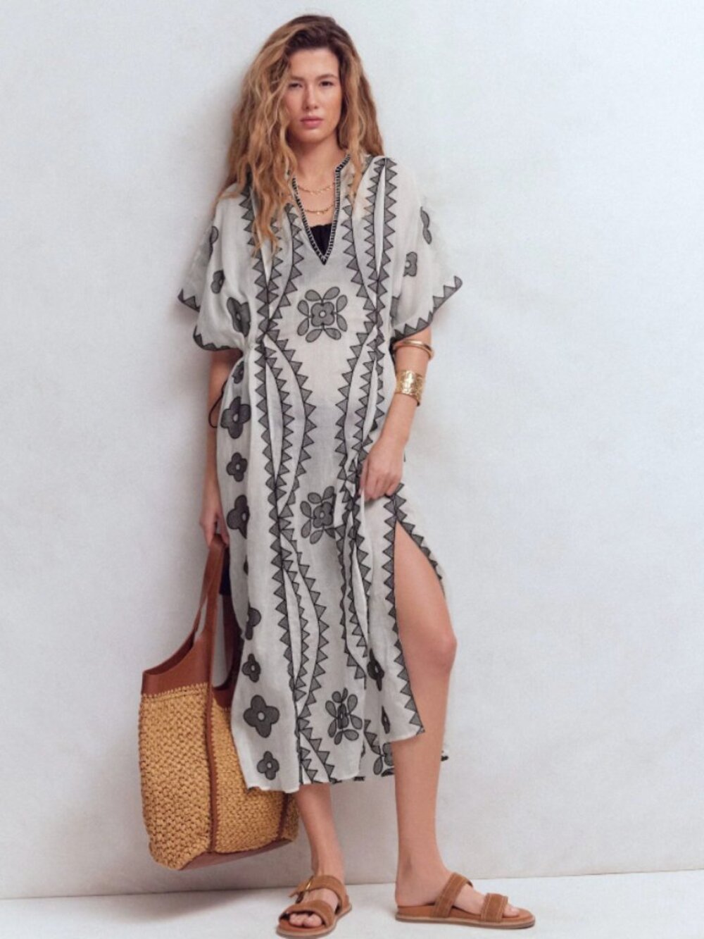 BODEN BNWT Embroidered Side Tie Caftan Dress Open Size